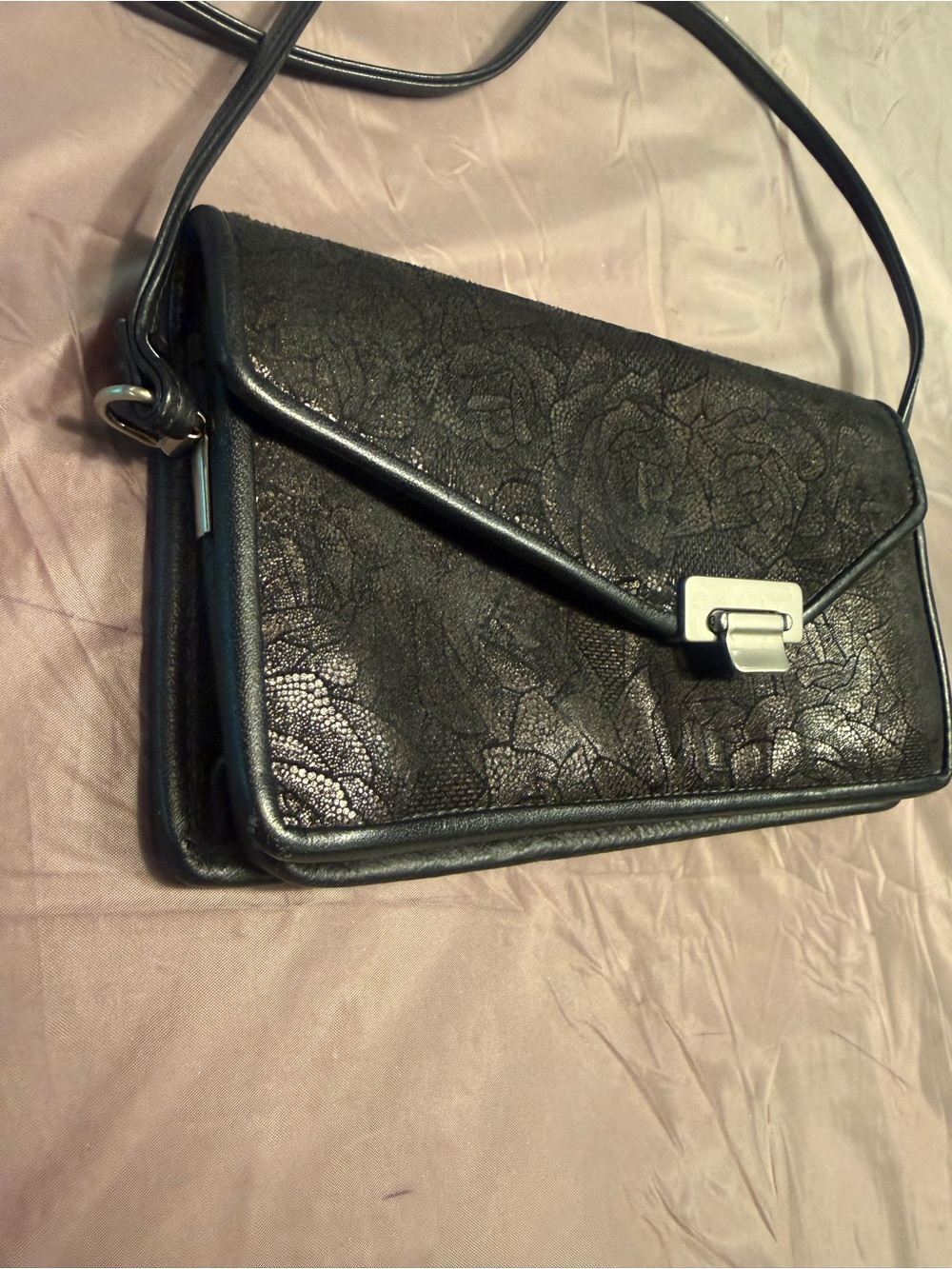 Vintage 2010 Roche Black Floral-Stamped Asymmetrical Leather Crossbody Bag - Picture 3 of 16